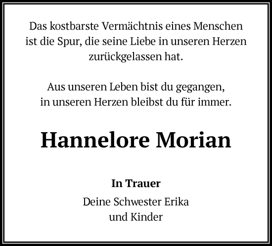 Todesanzeige von Hannelore Morian von OF