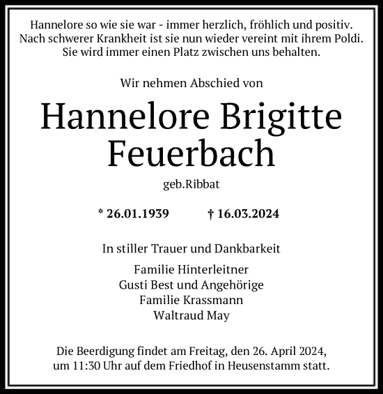Todesanzeige von Hannelore Brigitte Feuerbach von OF