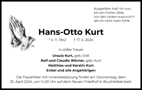 Todesanzeige von Hans-Otto Kurt von OF