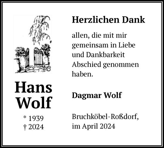 Todesanzeige von Hans Wolf von OF