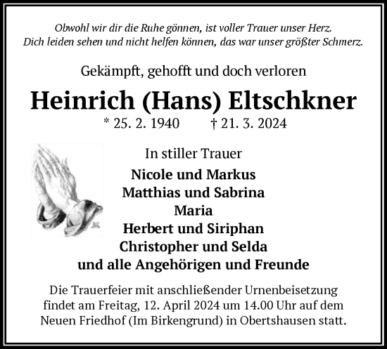 Todesanzeige von Heinrich Eltschkner von OF