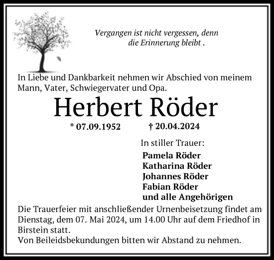 Todesanzeige von Herbert Röder von OF