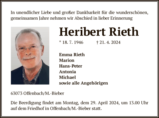 Todesanzeige von Heribert Rieth von OF