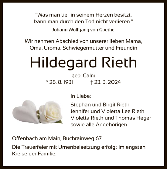 Todesanzeige von Hildegard Rieth von OF