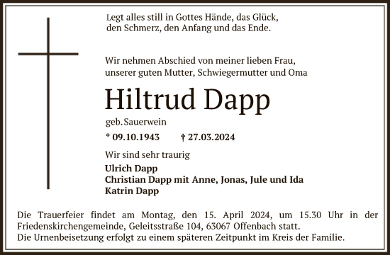 Todesanzeige von Hiltrud Dapp von OF