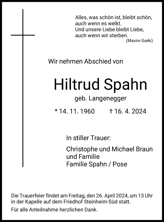 Todesanzeige von Hiltrud Spahn von OF