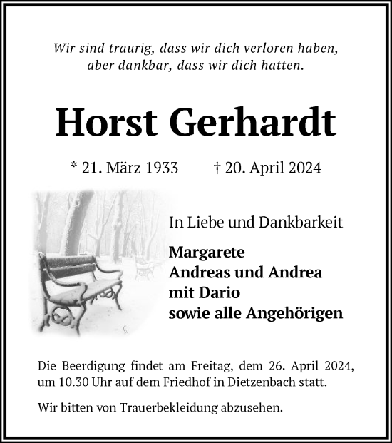 Todesanzeige von Horst Gerhardt von OF