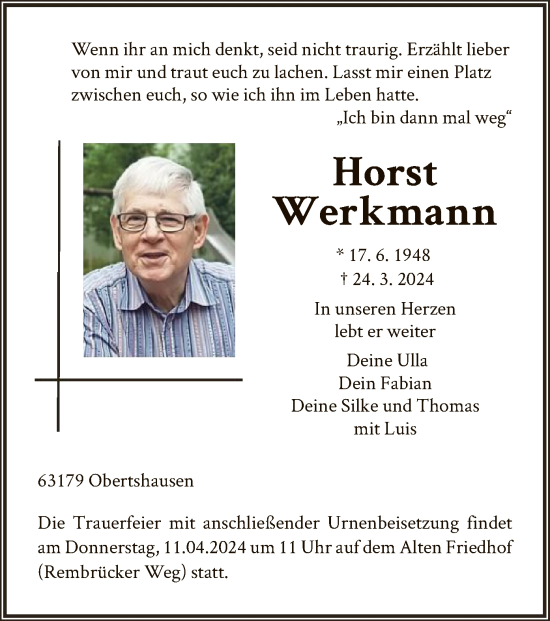 Todesanzeige von Horst Werkmann von OF