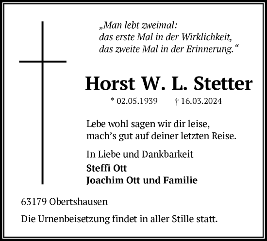 Todesanzeige von Horst W. L. Stetter von OF