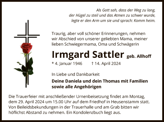 Todesanzeige von Irmgard Sattler von OF