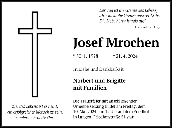 Todesanzeige von Josef Mrochen von OF