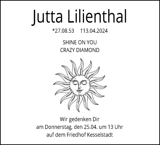 Todesanzeige von Jutta Lilienthal von OF