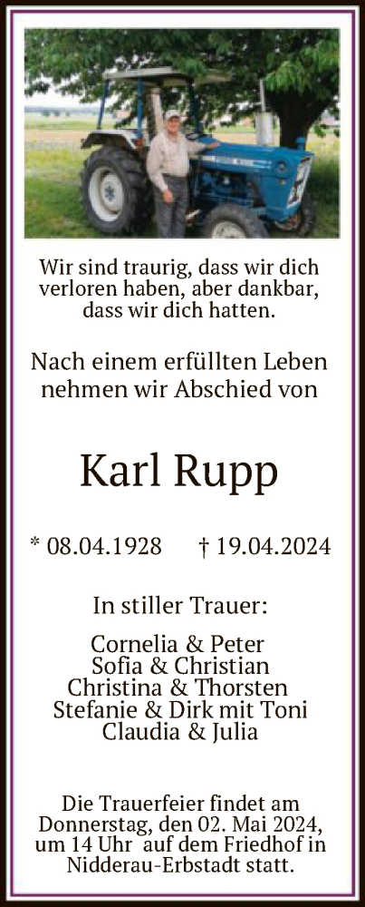 Todesanzeige von Karl Rupp von OF