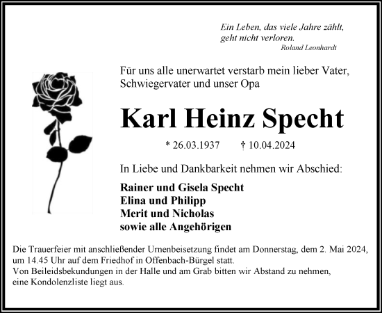 Todesanzeige von Karl Heinz Specht von OF