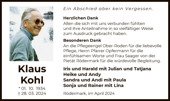 Todesanzeige von Klaus Kohl von OF