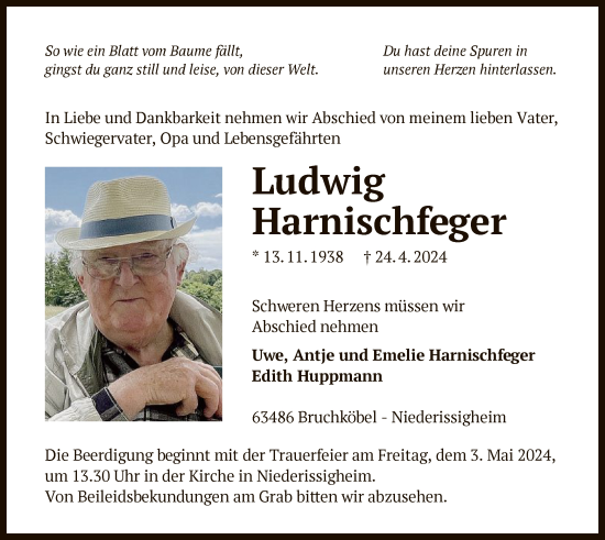 Todesanzeige von Ludwig Harnischfeger von OF