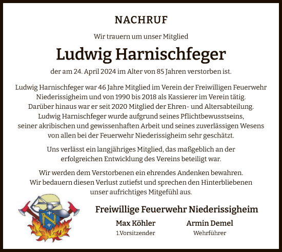 Todesanzeige von Ludwig Harnischfeger von OF