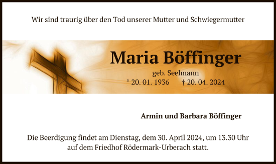 Todesanzeige von Maria Böffinger von OF