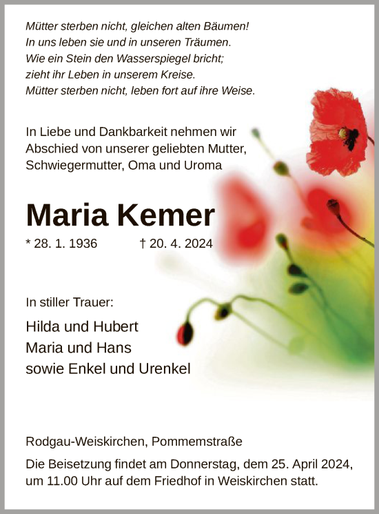 Todesanzeige von Maria Kemer von OF