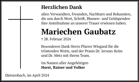 Todesanzeige von Mariechen Gaubatz von OF