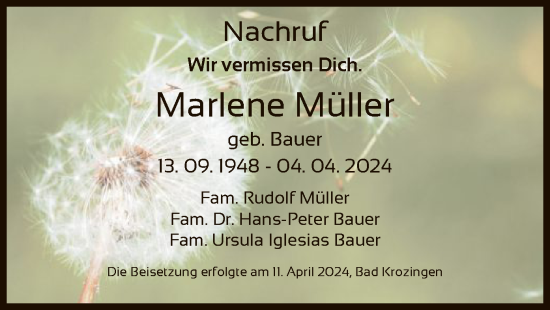 Todesanzeige von Marlene Müller von OF