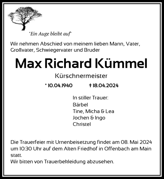Todesanzeige von Max Richard Kümmel von OF