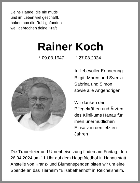 Todesanzeige von Rainer Koch von OF