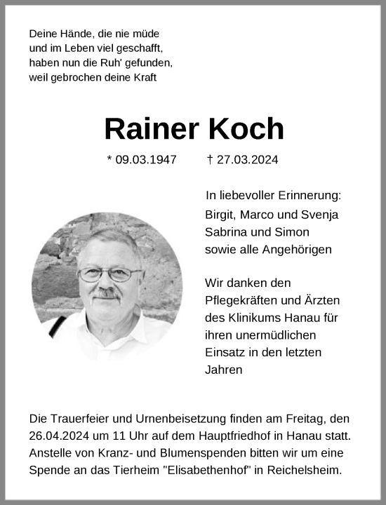Todesanzeige von Rainer Koch von OF