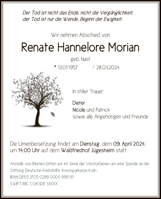 Todesanzeige von Renate Hannelore Morian von OF