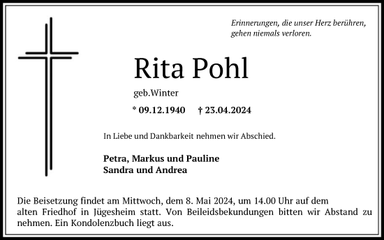 Todesanzeige von Rita Pohl von OF