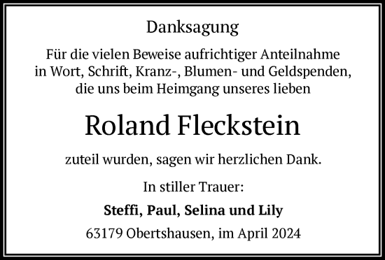 Todesanzeige von Roland Fleckstein von OF
