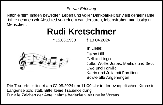 Todesanzeige von Rudi Kretschmer von OF