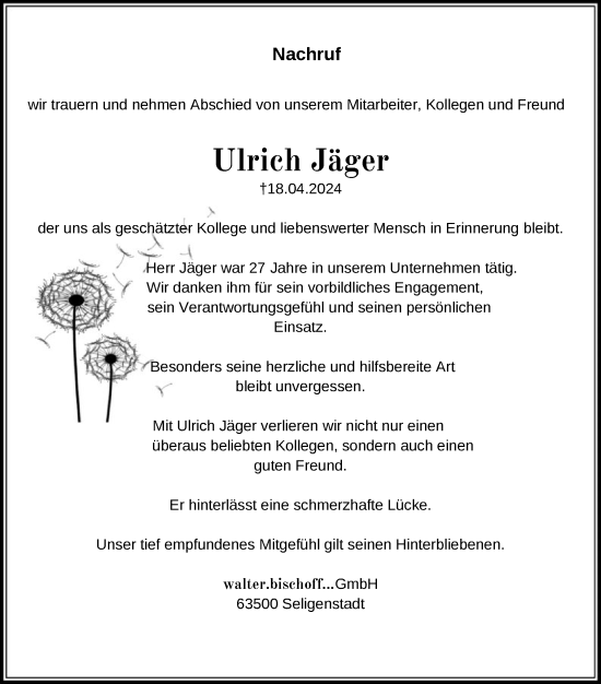 Todesanzeige von Ulrich Jäger von OF