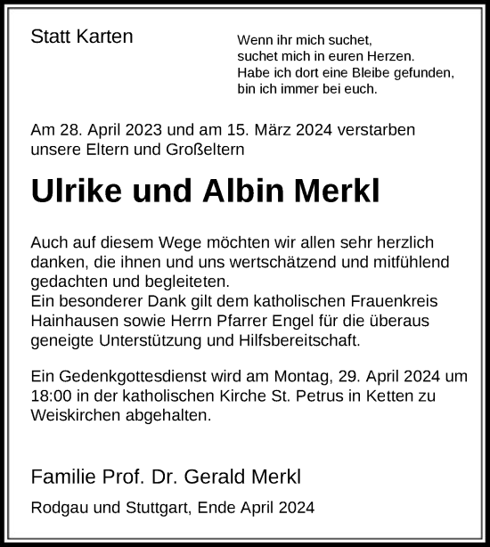 Todesanzeige von Ulrike und Albin Merkl von OF