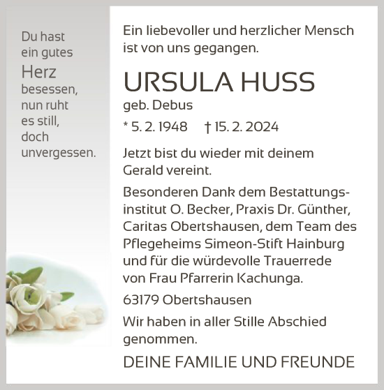 Todesanzeige von Ursula Huss von OF