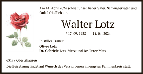 Todesanzeige von Walter Lotz von OF