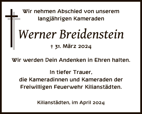 Todesanzeige von Werner Breidenstein von OF