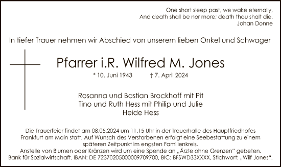 Todesanzeige von Wilfred M. Jones von OF
