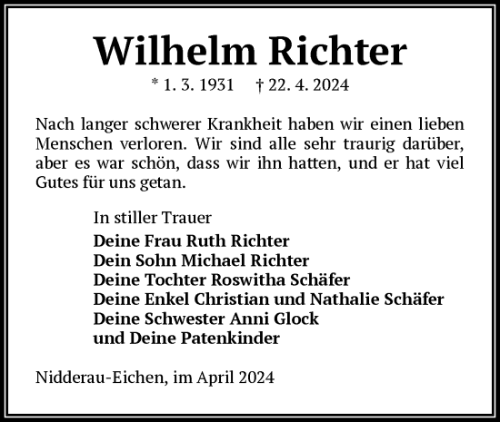 Todesanzeige von Wilhelm Richter von OF