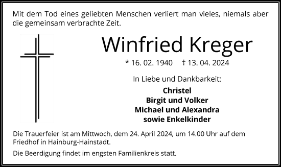 Todesanzeige von Winfried Kreger von OF