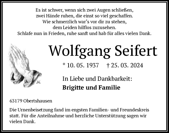 Todesanzeige von Wolfgang Seifert von OF