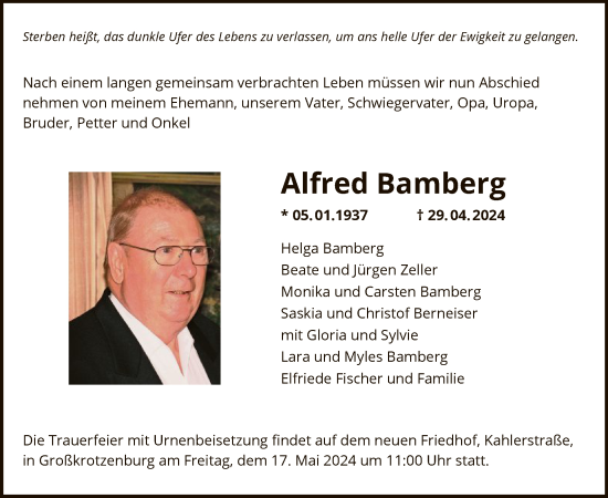 Todesanzeige von Alfred Bamberg von OF
