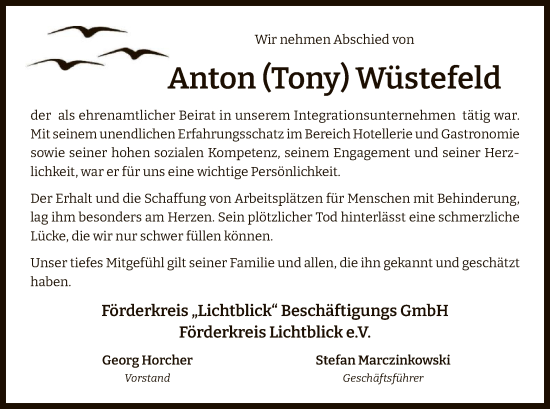 Todesanzeige von Anton Wüstefeld von OFOF