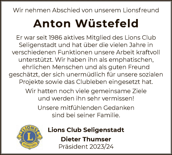 Todesanzeige von Anton Wüstefeld von OF
