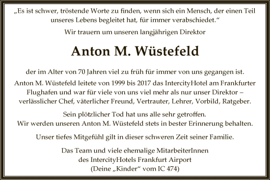 Todesanzeige von Anton Wüstefeld von OF
