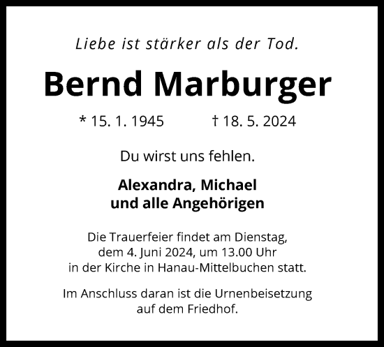 Todesanzeige von Bernd Marburger von OF