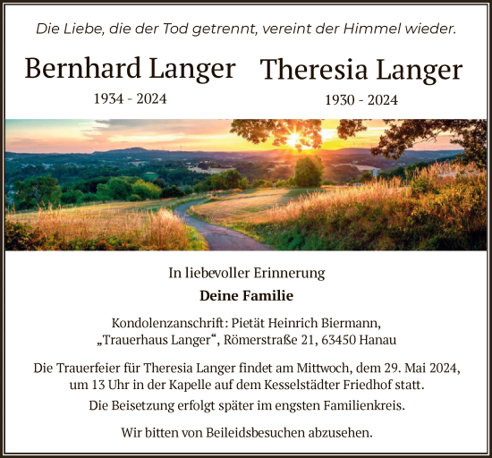 Todesanzeige von Bernhard und Theresia Langer von OF