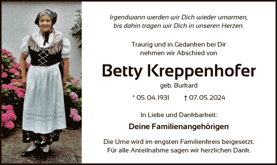 Todesanzeige von Betty Kreppenhofer von OF