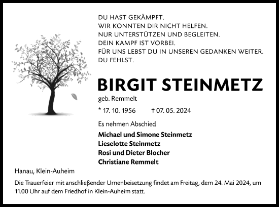 Todesanzeige von Birgit Steinmetz von OF