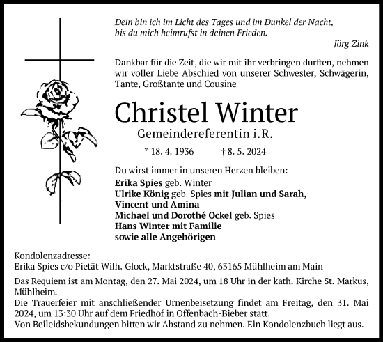 Todesanzeige von Christel Winter von OF